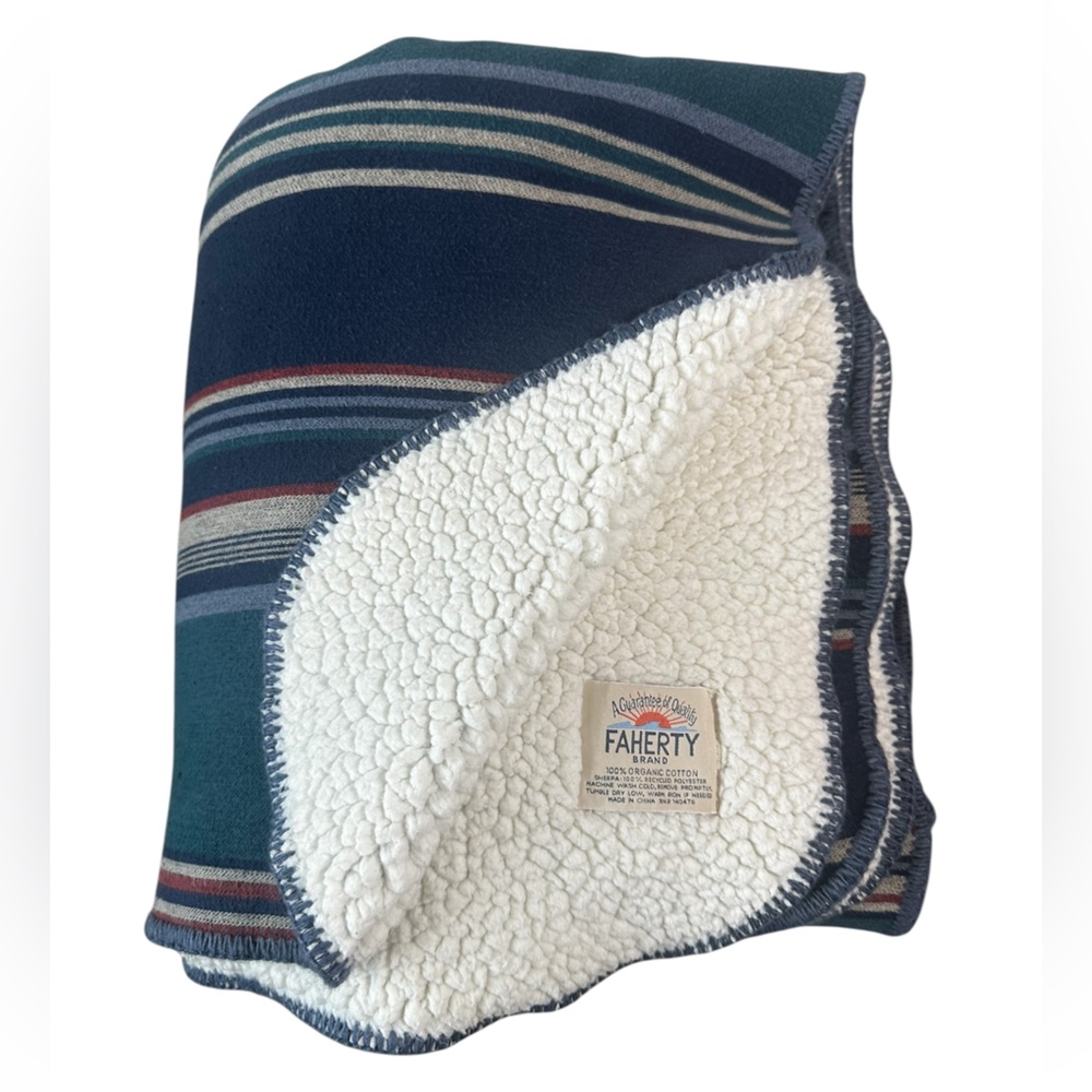 Faherty Striped Throw Blanket Sherpa Lining Navy Teal Red Cream Cozy 71” x 49”